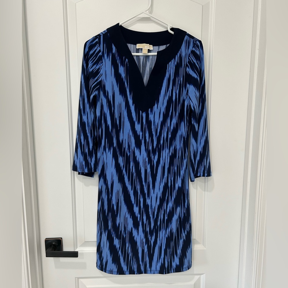 Michael Kors Blue Black Sheath Dress V-Neck 3/4 Sleeve